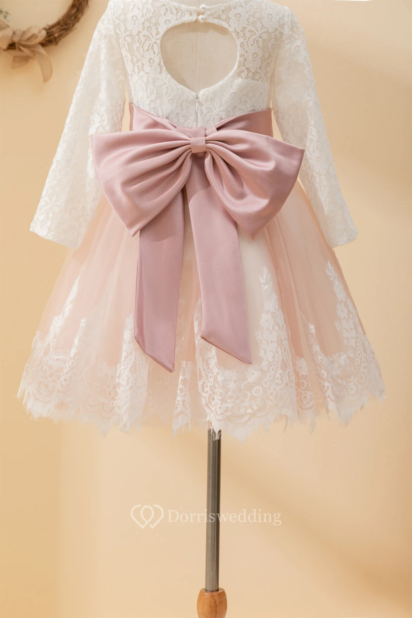 Lace Two-Tone Long Sleeve Short White and Coral Flowergirl Dress view 7
