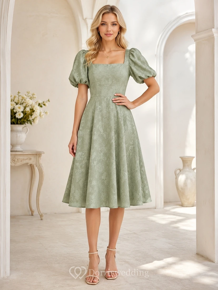 Sage Square Short Sleeve Taffeta A-Line Tea-length Puff Vintage Dress