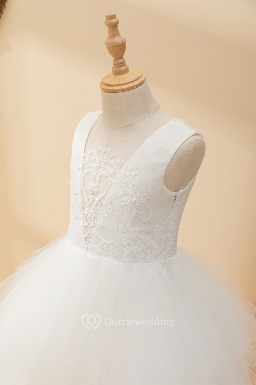 Short Ruffled Sleeveless Layered Plunged Tulle Flowergirl Dress view 5