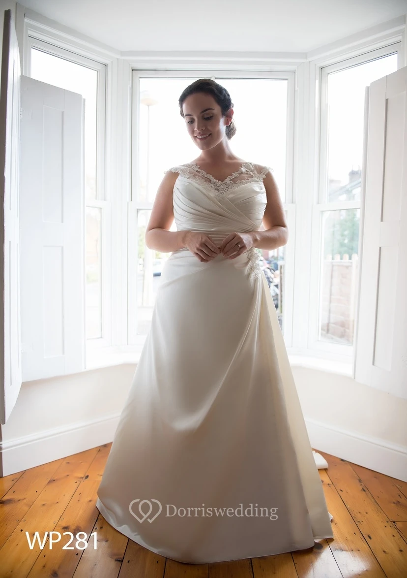 A-Line Floor-Length V-Neck Cap Satin Sweep Train Side Draping Dress