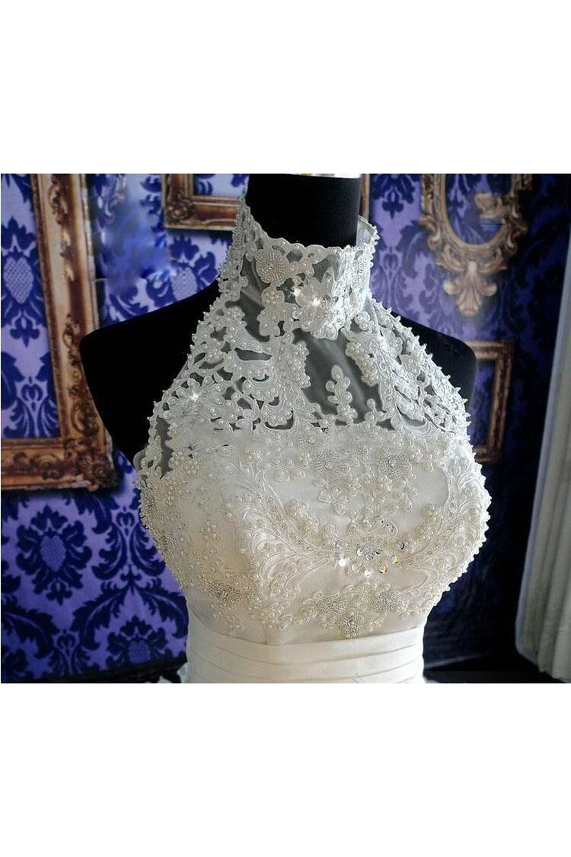 Gorgeous Ruffles Lace High Neck Wedding Dress Court Train Zipper view 6