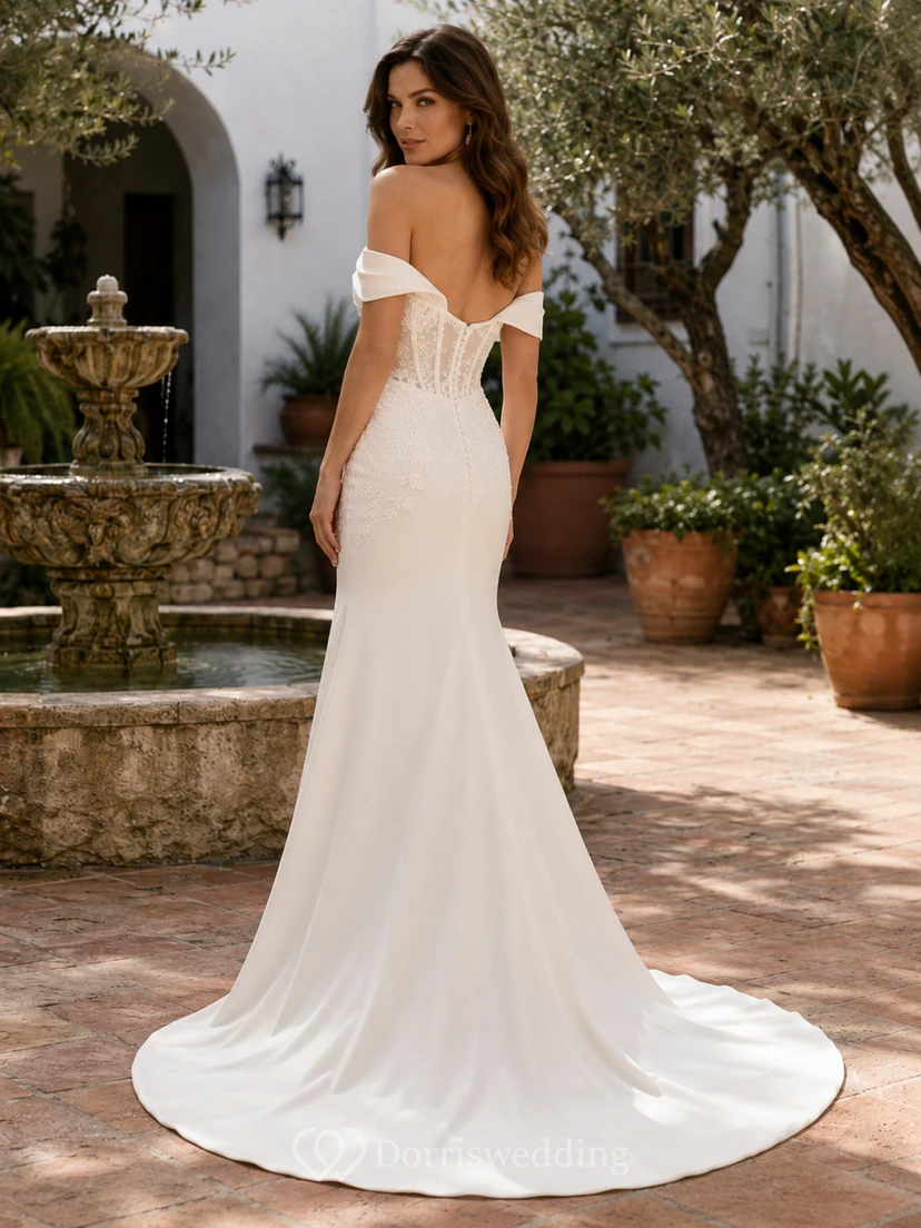 Modern Off Shoulder Draped Satin Mermaid Chapel Train Hacienda Wedding Dress view 2