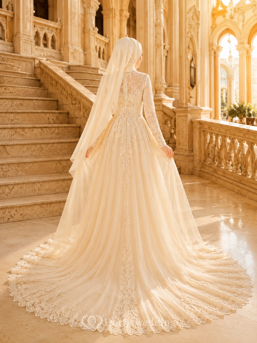 Modest Muslim Champagne Palace Lace Bridal Ball Gown view 2