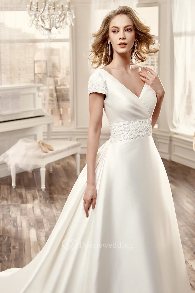 V-Neck Court-Train Satin Long Wedding Dress With Low-V Back And Floral Waistband view 3