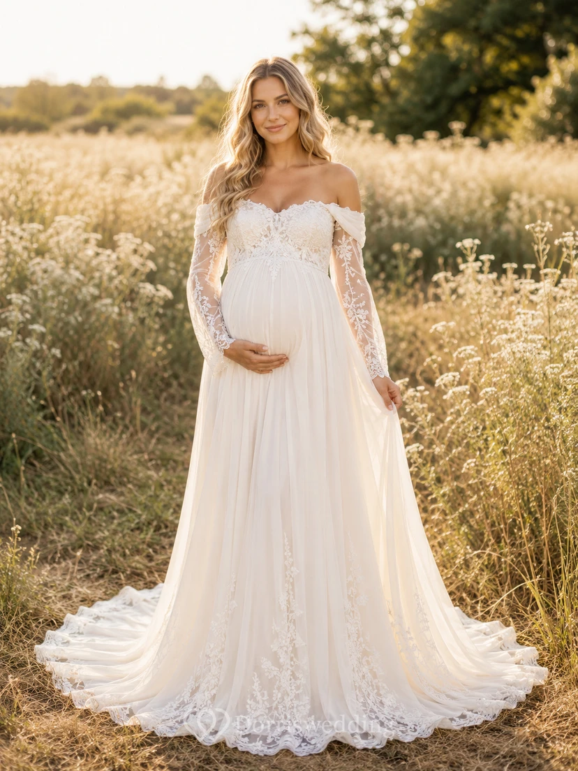 Maternity Wedding Dress Off Shoulder Long Sleeve Lace Tulle Gown with Applique Train