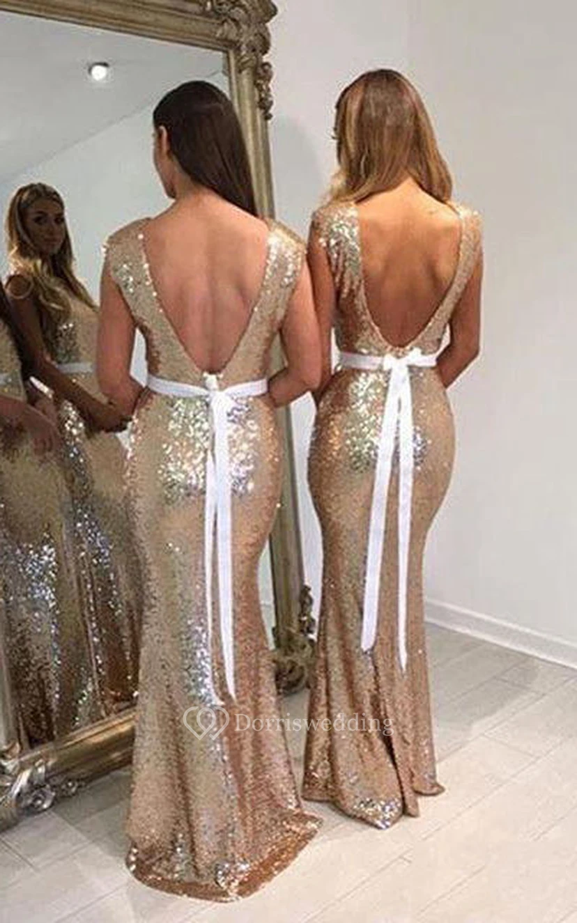 Mermaid Jewel Sleeveless Bell Cap Pleats Brush Train Backless Sequins Dress view 2