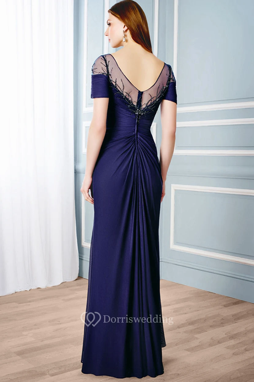 A-Linien-Chiffon-Maxikleid mit kurzen Ärmeln, Perlenbesatz, tiefem V-Ausschnitt am Rücken und Raffungen view 2