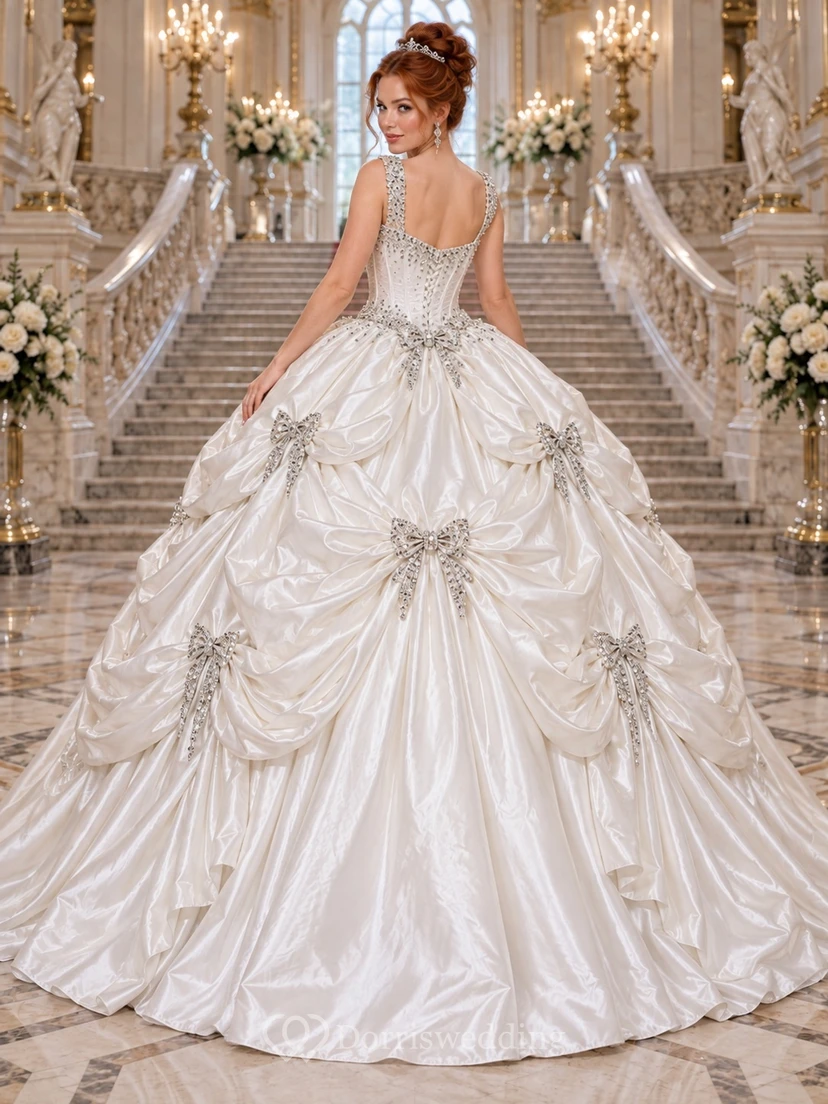 Vestido de novia de gala con escote cuadrado, tirantes de cristal, detalles de satén y lazos enjoyados. view 2