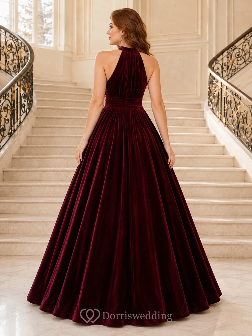 Burgundy Halter Sleeveless Pleated Velvet Ball Gown Floor-Length Formal Evening Dress view 2