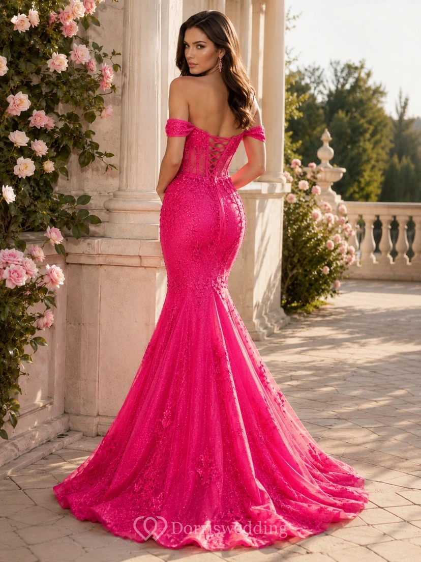 Sexy Fuchsia Lace Off-the-Shoulder Short Sleeve Beaded Mermaid Prom Evening Dress view 2