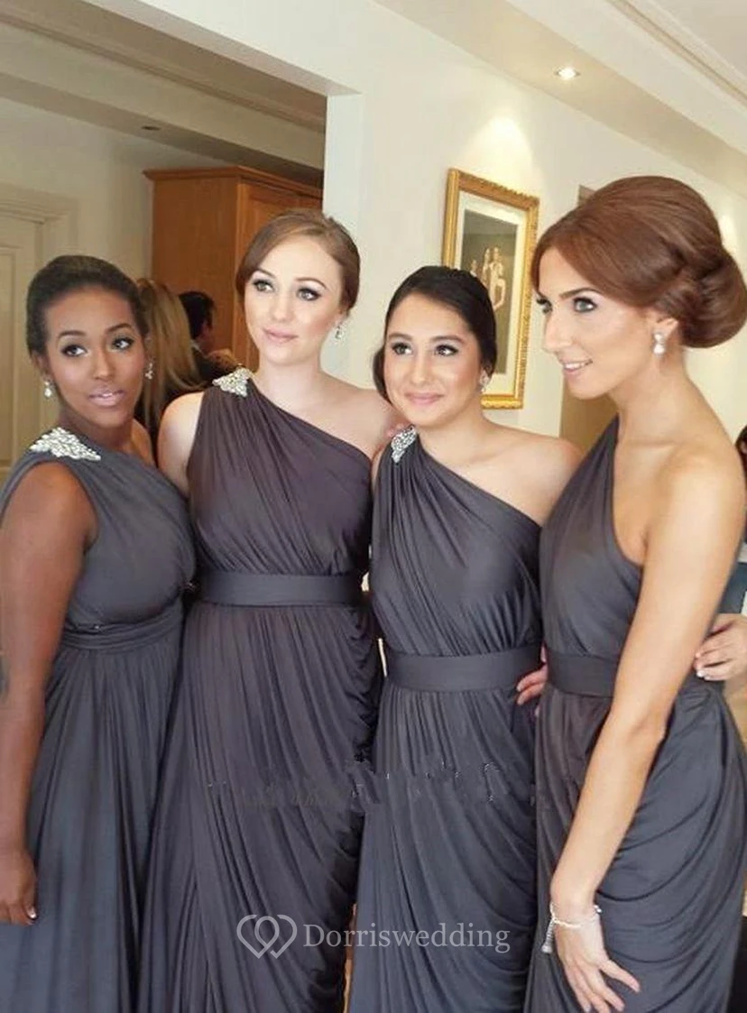 Modern One-shoulder Empire Silver Bridesmaid Dress Floor-length With Beadings