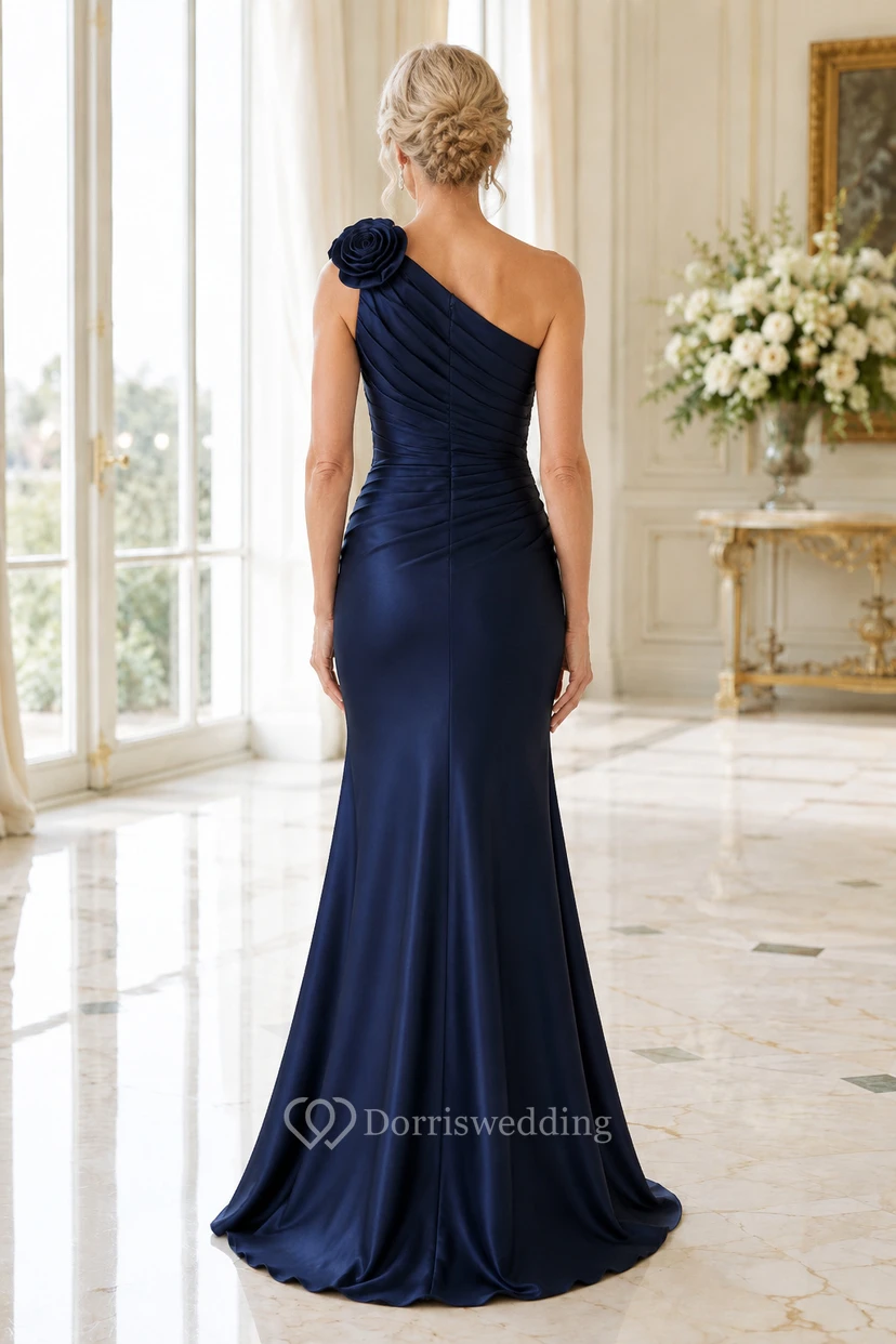 Marineblaues, einseitig schulterfreies Meerjungfrauen-Kleid aus Satin mit Blumenmuster view 2