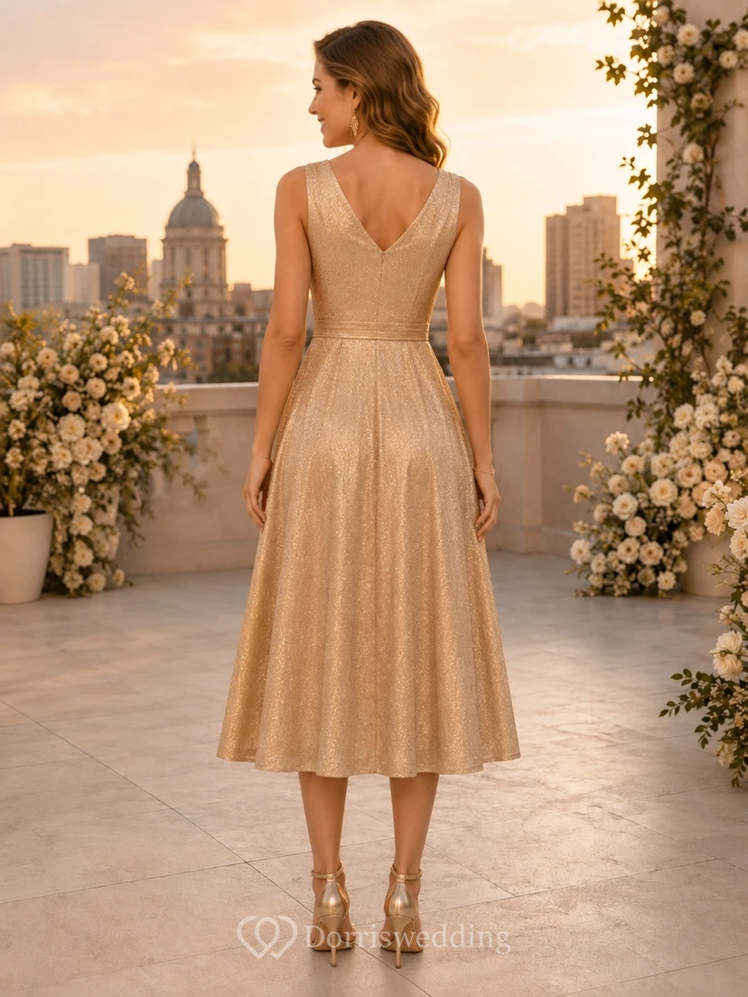 Champagne Sleeveless V-Neck Tea-Length Chiffon A-Line Formal Dress view 2
