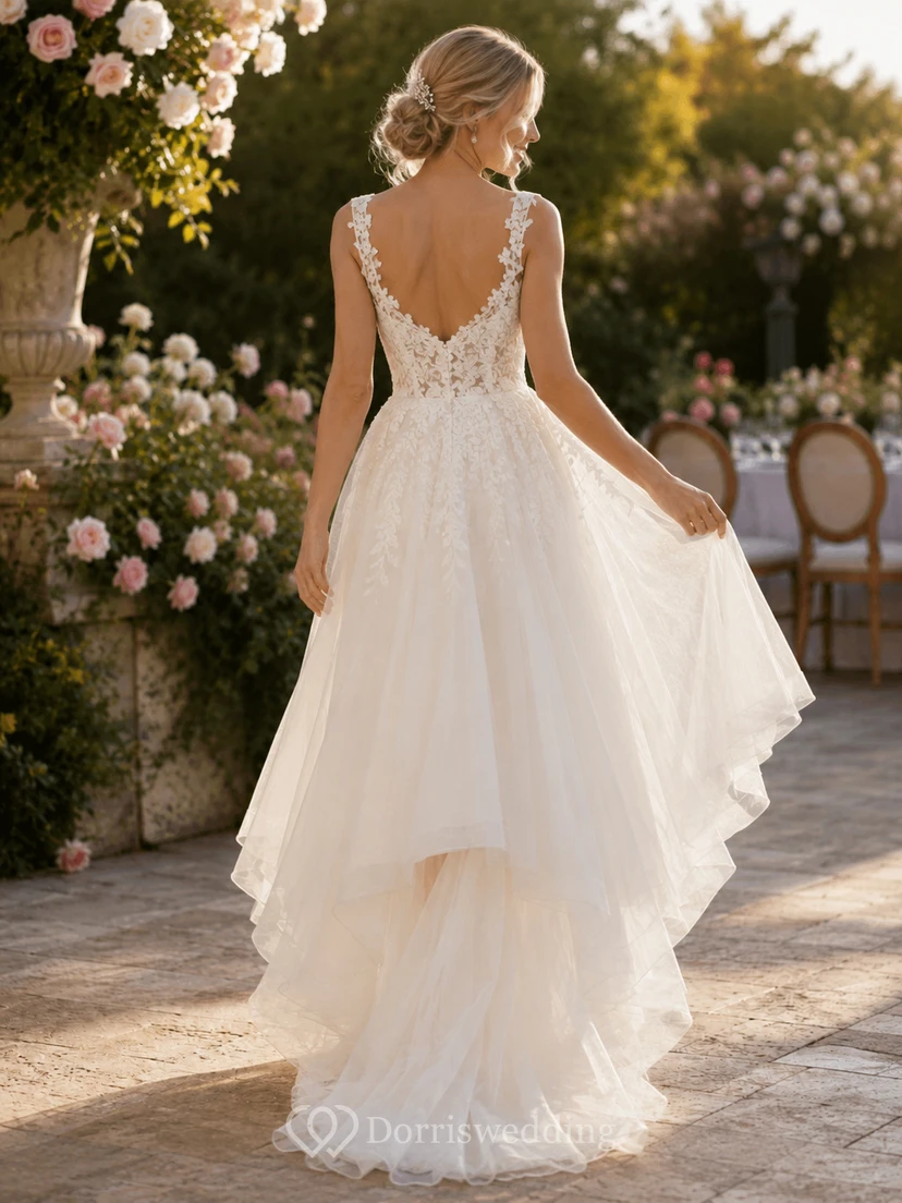Hochzeitskleid mit asymmetrischem Oberteil und Spitzenoberteil, perfekt für Gartenempfang, Tanz und Hochzeit view 2