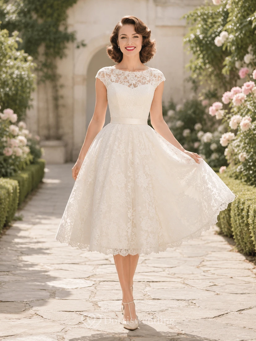 Vintage 1950s Bateau Cap Sleeve Illusion Lace A-Line Tea Length Wedding Dress