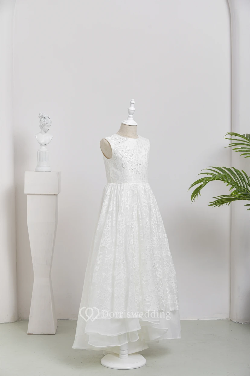 First Communion White Lace Long Layered Flowergirl Dress view 3