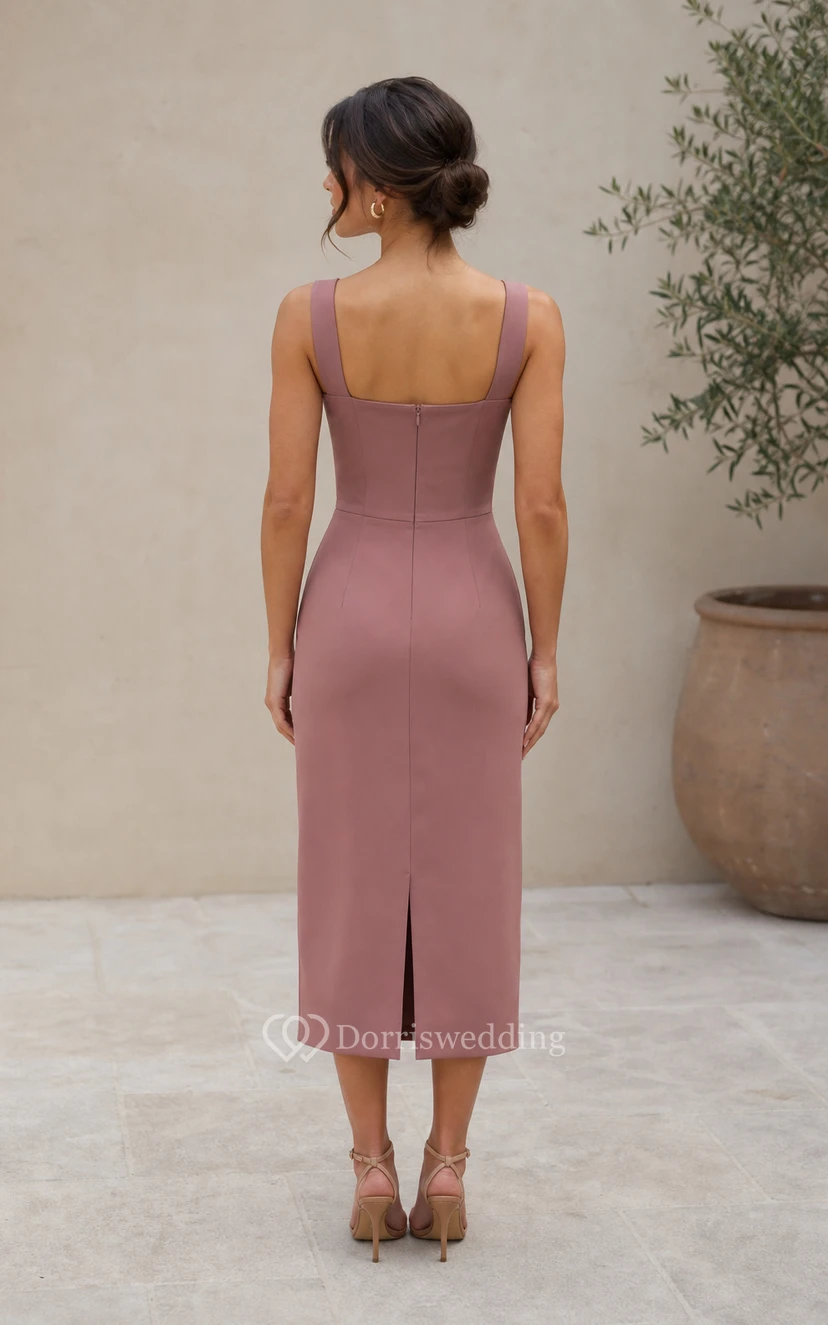 Dusty Rose Square Neck Stretch Satin Midi Sheath Dress view 2