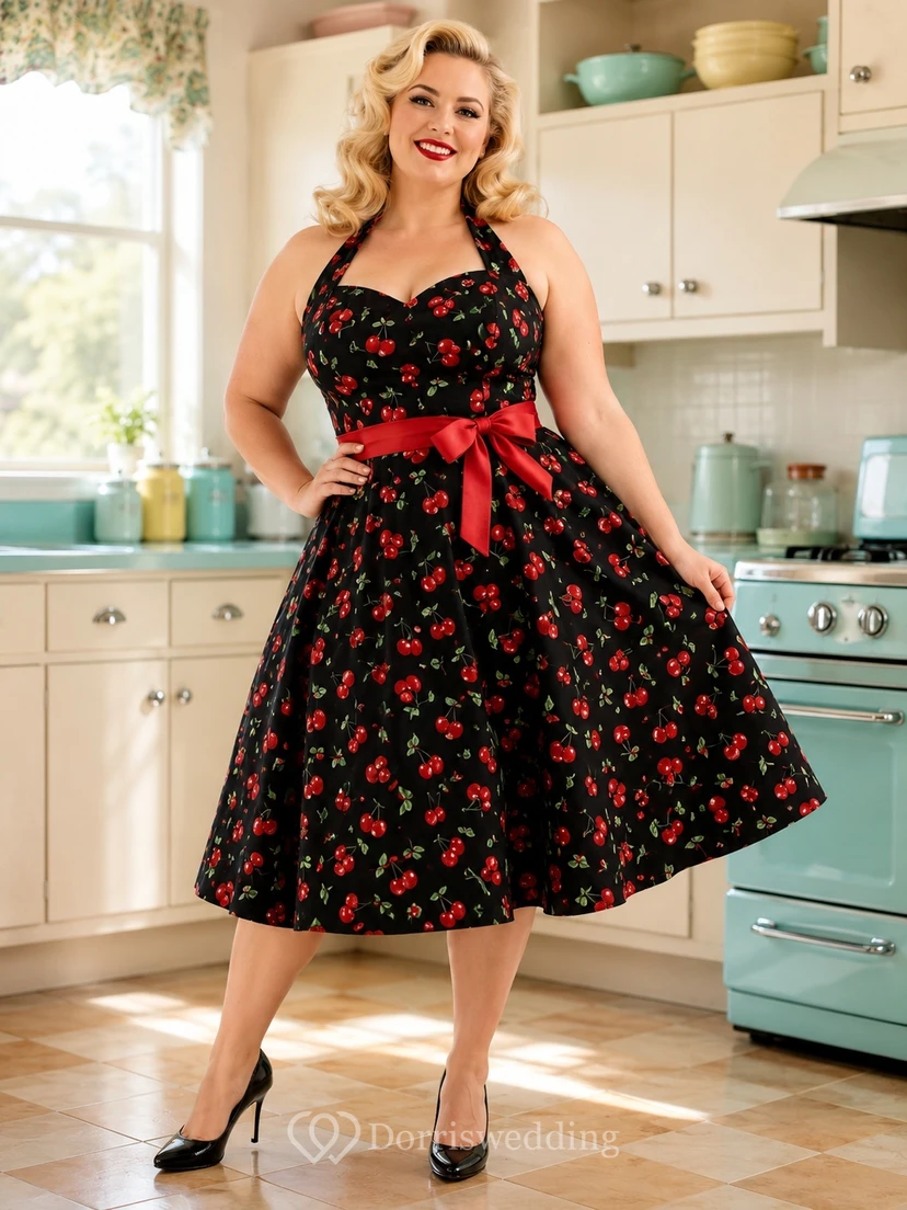 Vestido de cóctel vintage negro con estampado floral, talla grande, largo hasta la rodilla, con lazo en la cintura.