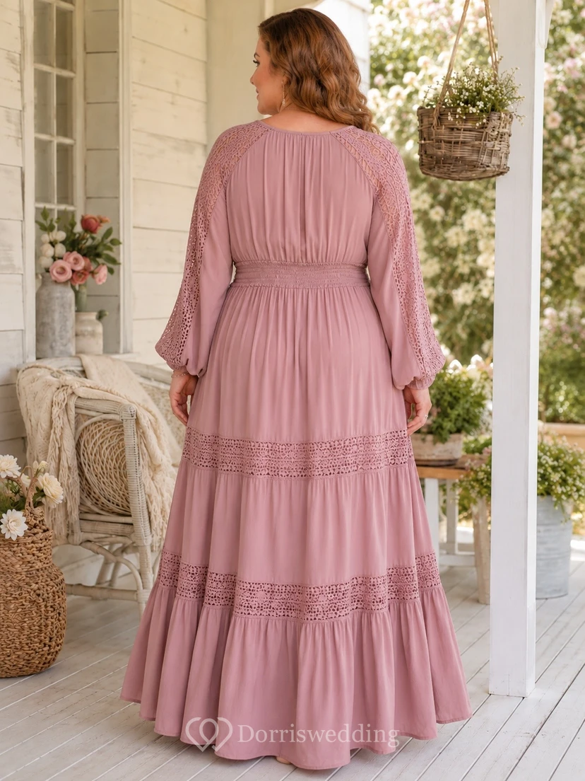 Dusty Rose Bohemian Jewel Neck Long Sleeve Tiered Maxi Dress view 2