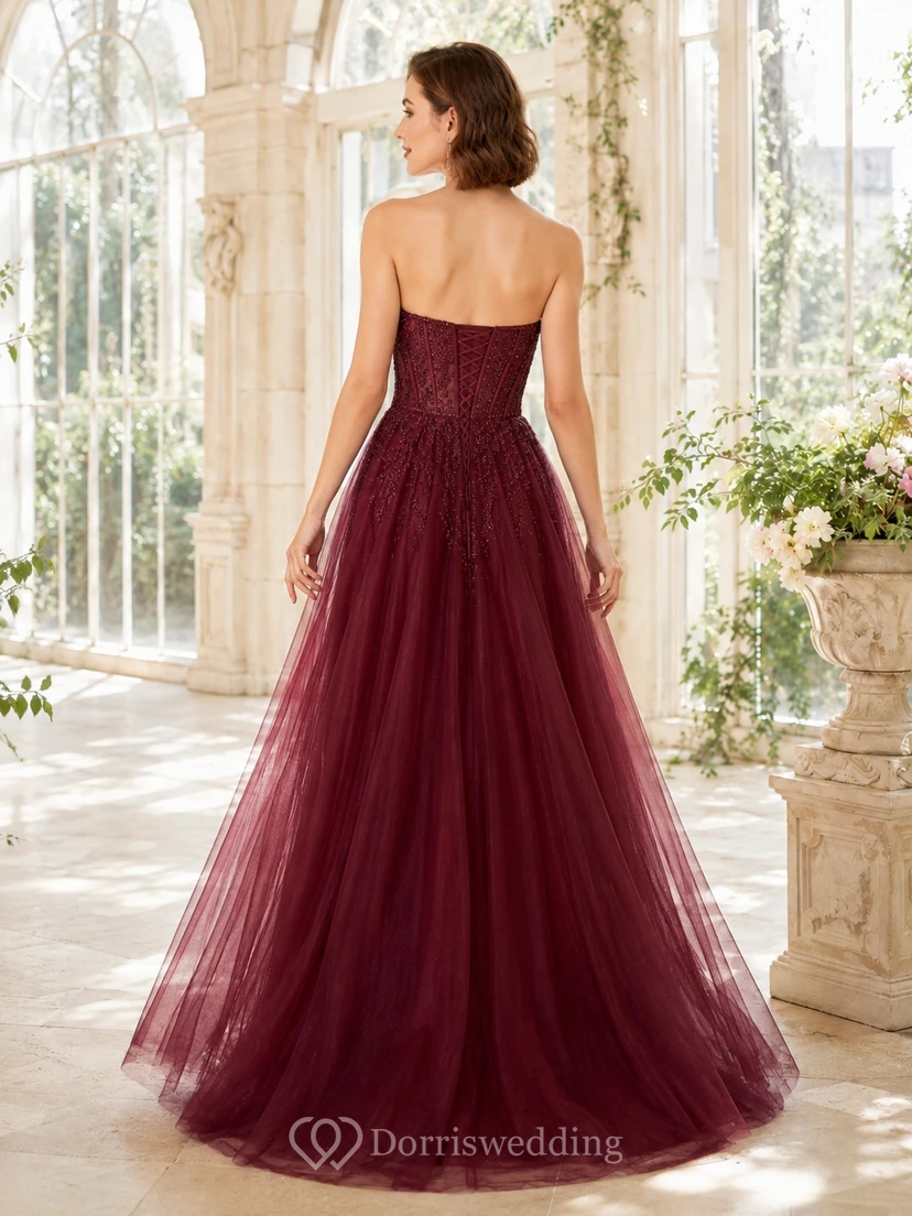 Romantic Burgundy Strapless Sweetheart Tulle A Line Formal Prom Evening Dress view 2
