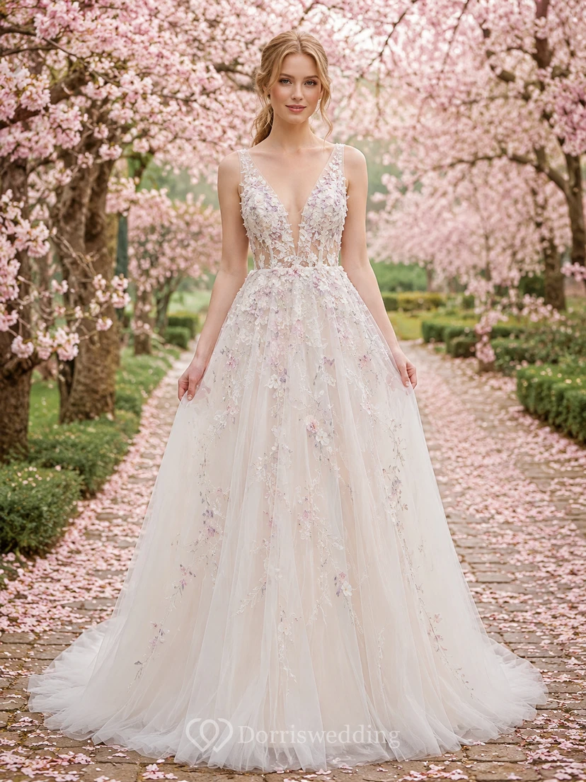 Vestido de novia de gala de tul con estampado floral pastel y efecto ilusión de jardín