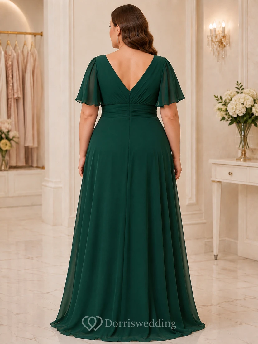 Vestido de noche formal largo hasta el suelo, de gasa, color verde oscuro, con escote en V, mangas acampanadas y corte en A, talla grande. view 2
