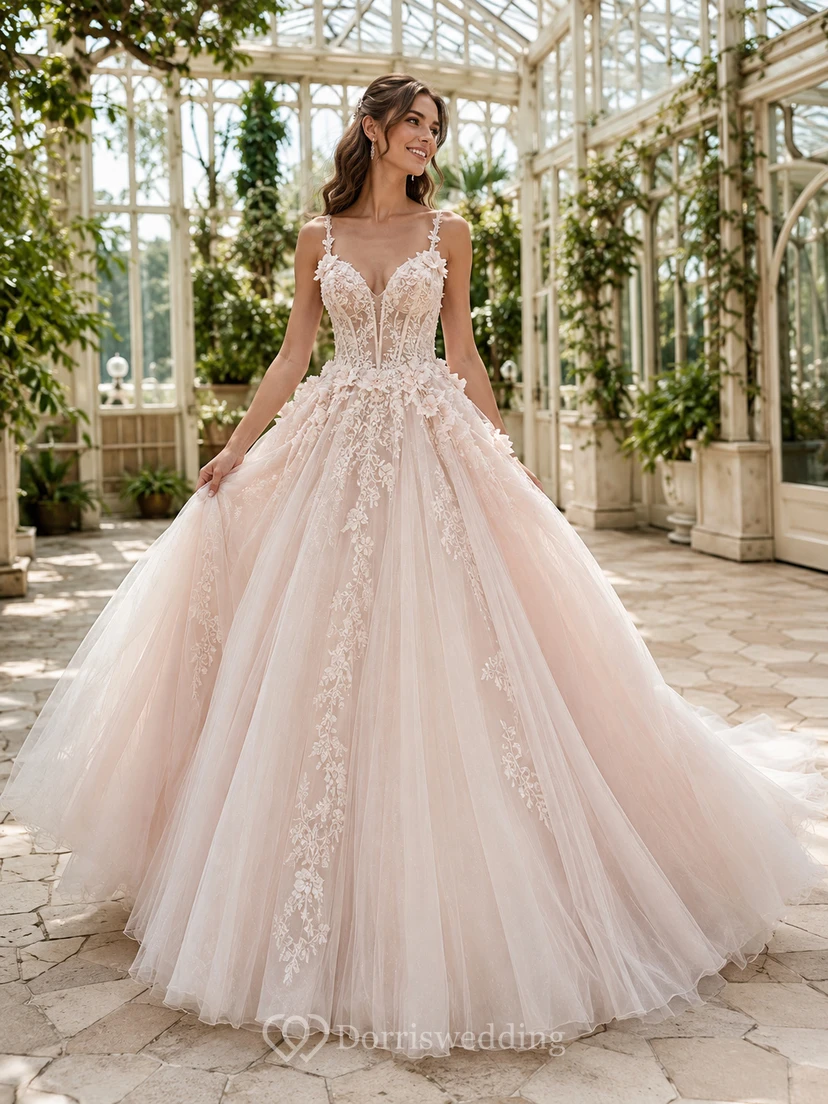 Robe de bal romantique en dentelle à fines bretelles, style princesse, taille naturelle, pour une mariée