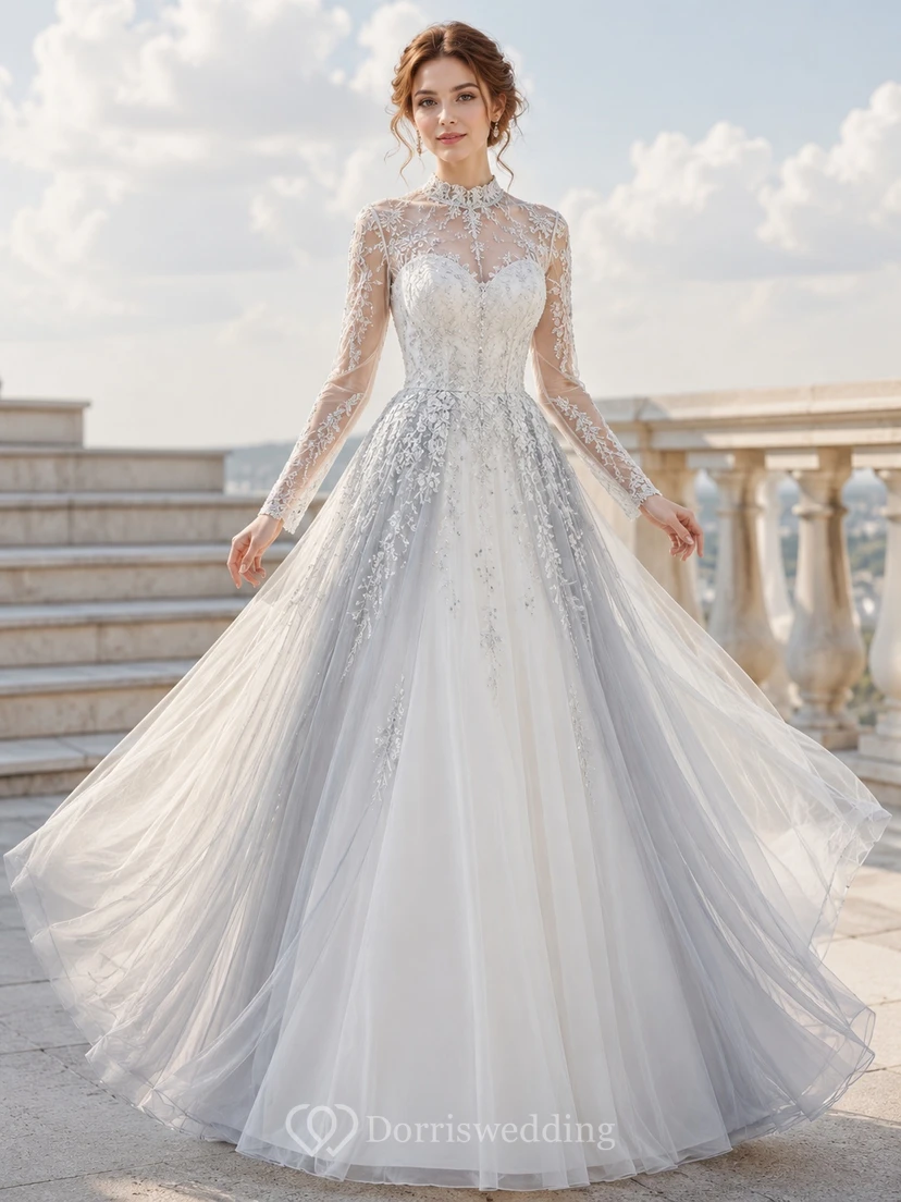 Graues Winterkleid in A-Linie, hoher Kragen, lange Ärmel, bodenlang, Schleppe, schlichtes Kleid