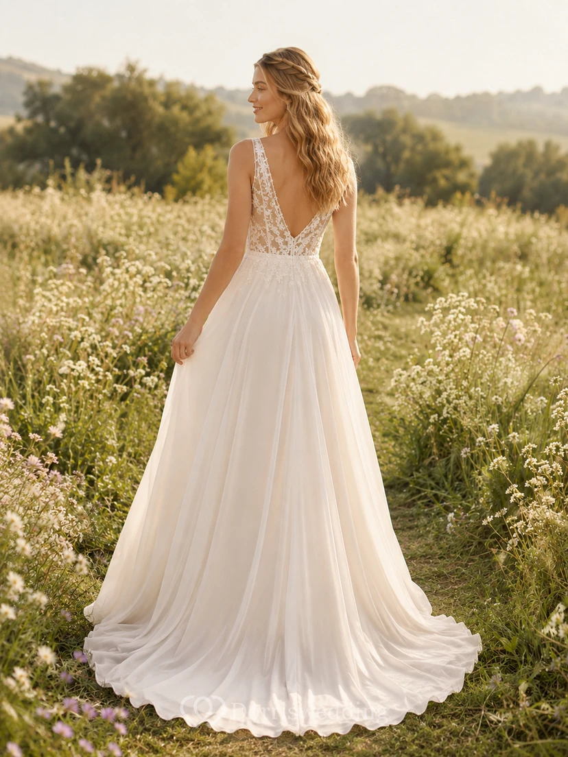 Plunging V Neck Lace Bodice Chiffon Meadow Bridal Gown view 2