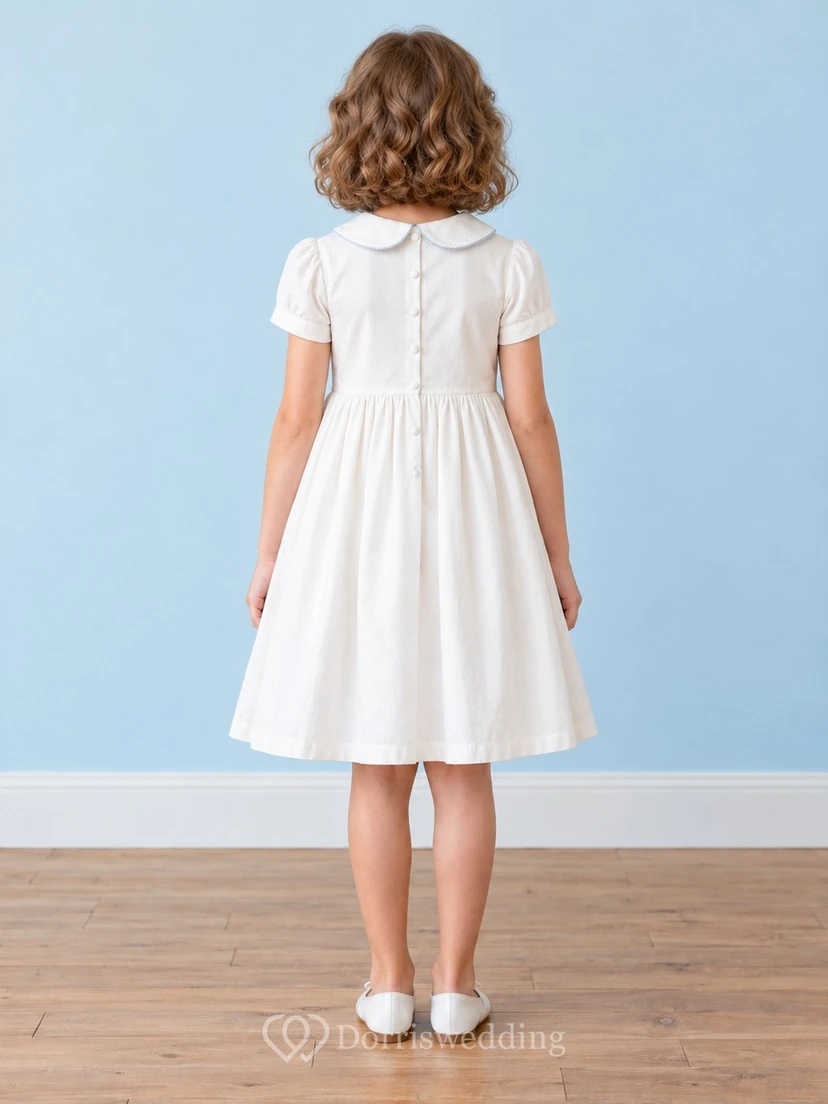 Simple Modest White Knee-length Blue-piped Peter-Pan Collar Short Sleeves Diamond-smocked Gathered Button-back Flowergirl Dress view 2