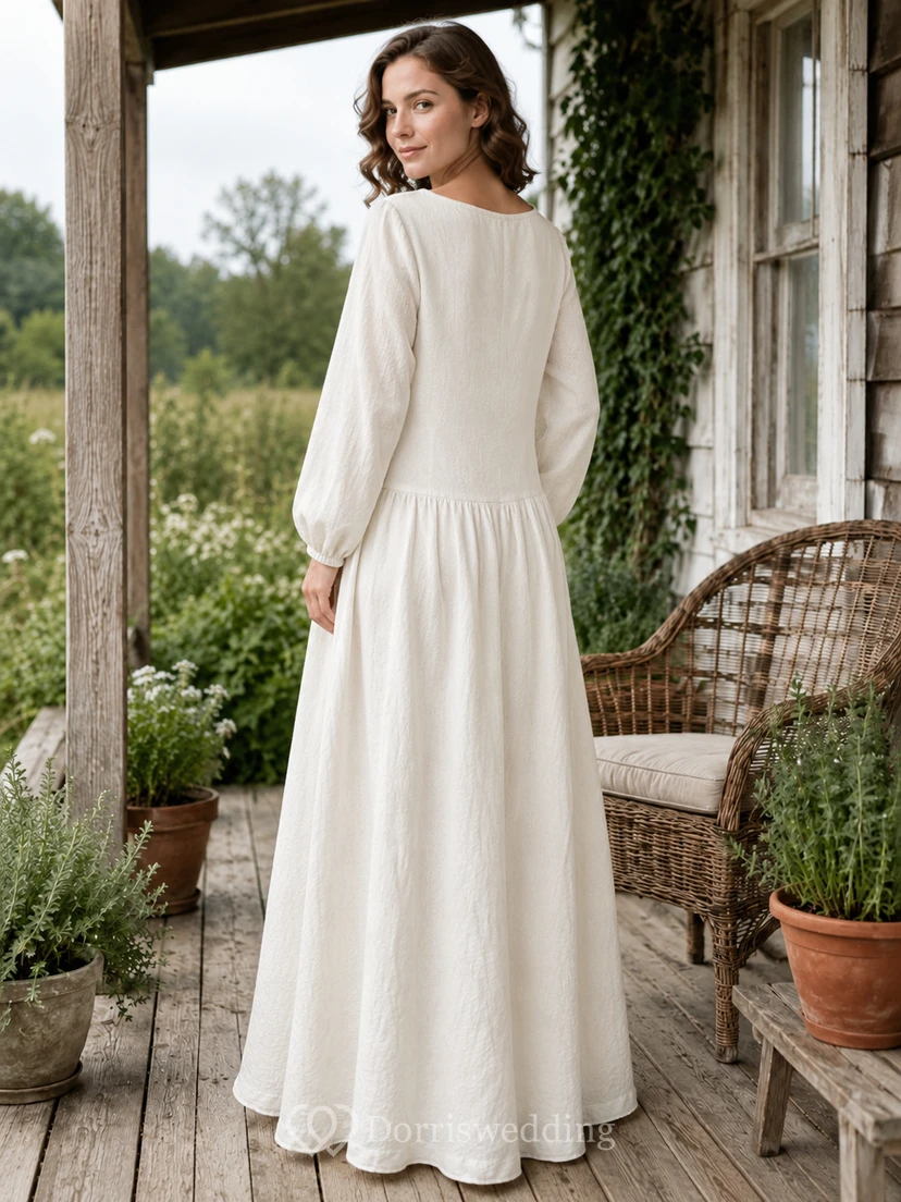 Loose Long Sleeve Linen Cottage A Line Bridal Dress view 2