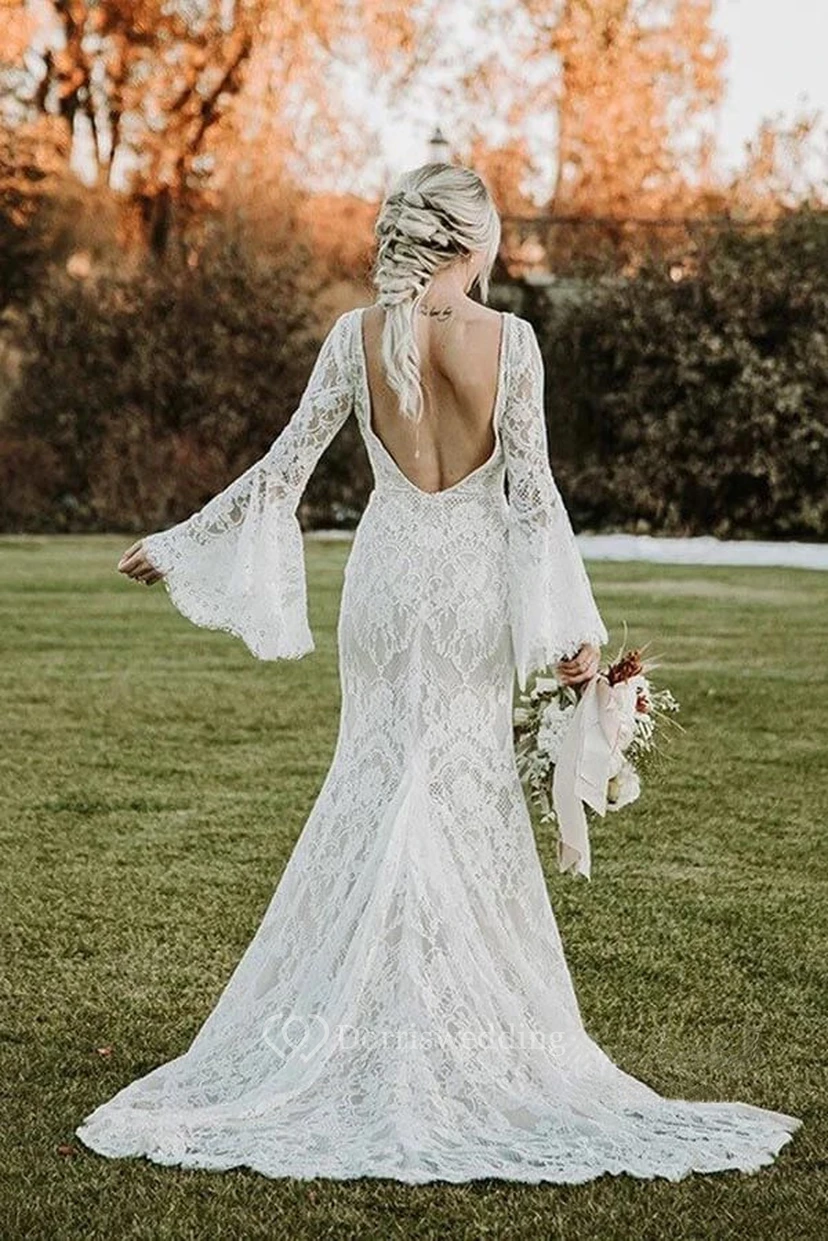 western mermaid wedding dress Boho Bell Long Sleeve Lace Wedding Dress