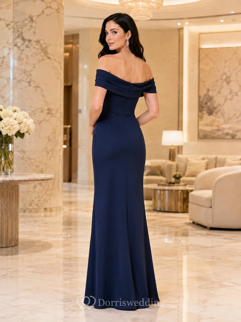 Dark Navy Off-Shoulder Cowl Crepe Sheath Floor-Length Split Elegant Formal Dress view 2