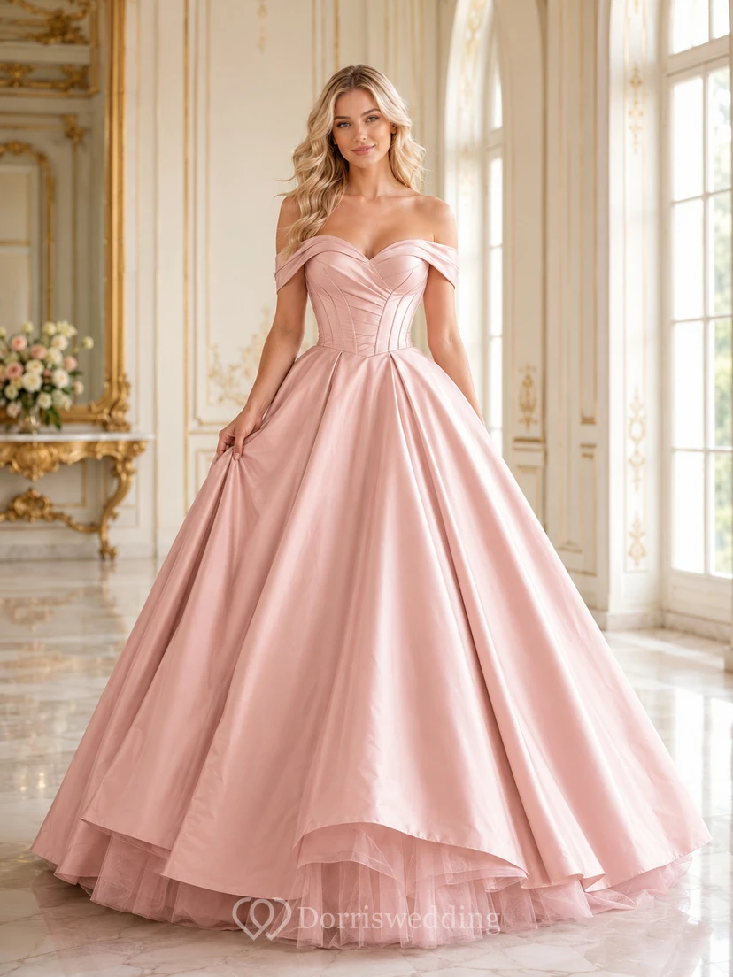 Vestido de fiesta de lujo Rose Palace Blush, largo hasta el suelo, con escote Bardot y manga corta, de satén.