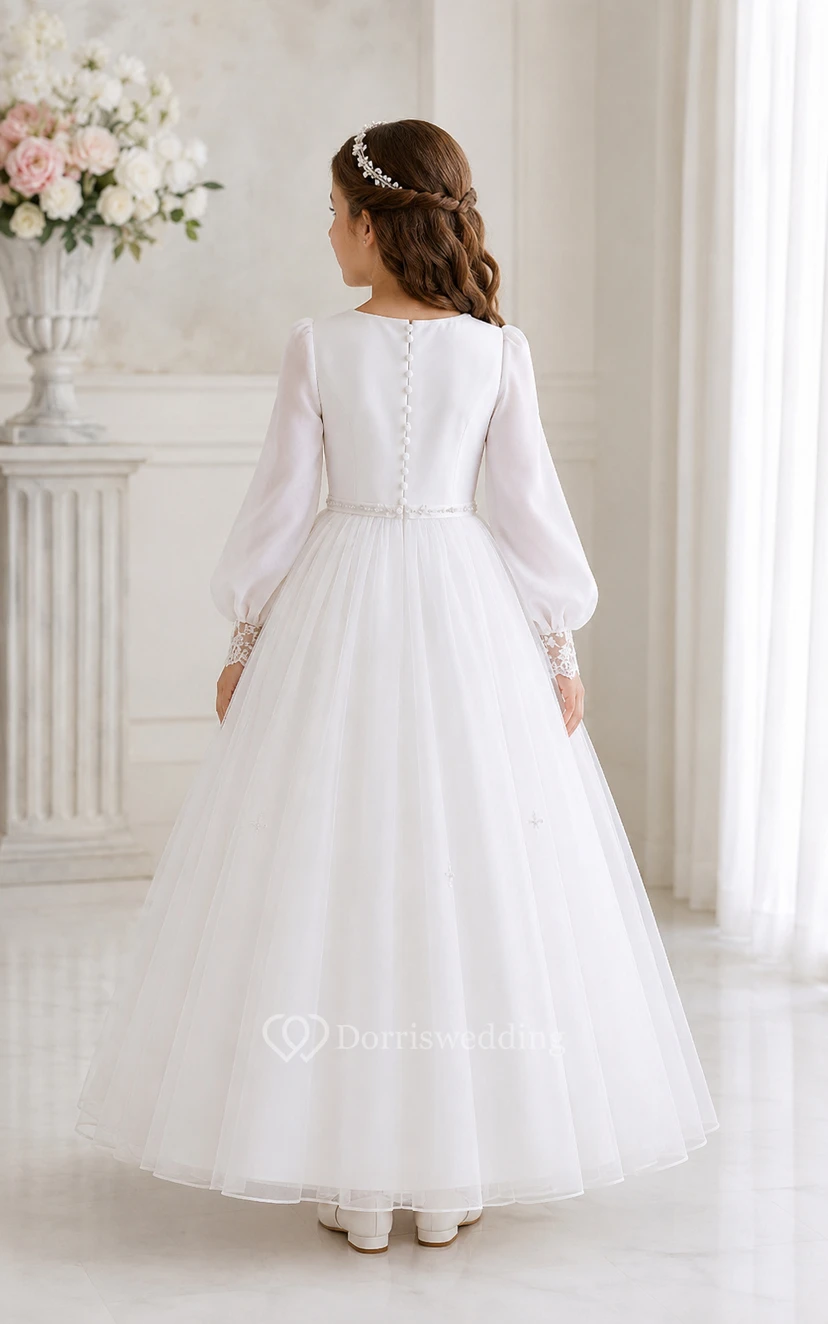 Long Sleeve White Tulle First Communion Dress with Poet Sleeves view 2