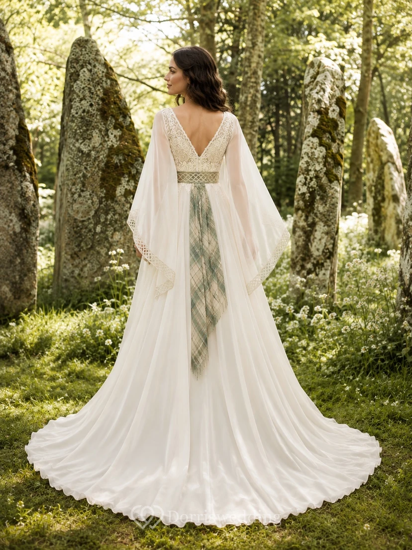 Schottisches keltisches Tartan-Schärpen-Chiffon-Boho-Hochzeitskleid mit langen Fledermausärmeln und V-Ausschnitt view 2