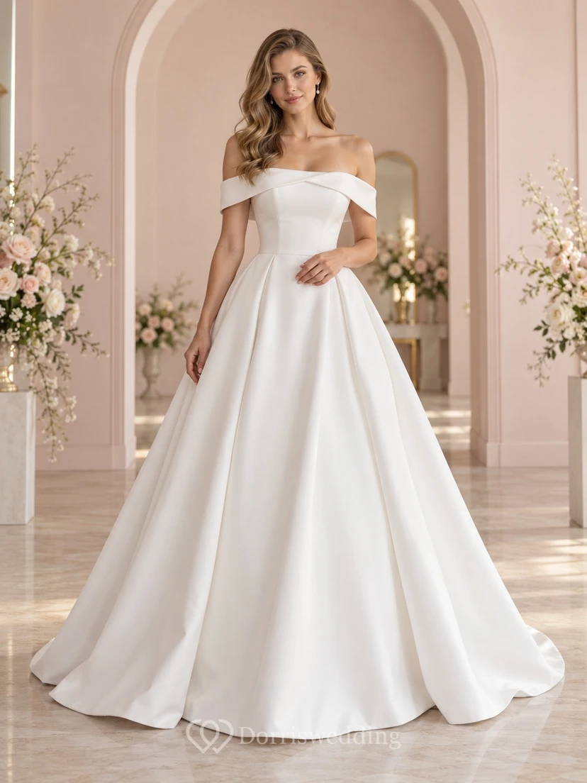 Simple Off Shoulder Folded Satin A-Line Bridal Wedding Dress