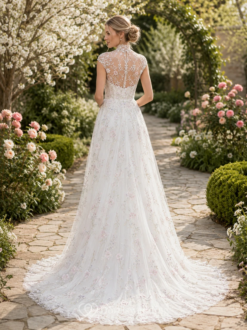 Hochgeschlossenes, blumenbesticktes Tüll-Hochzeitskleid für den Garten view 2