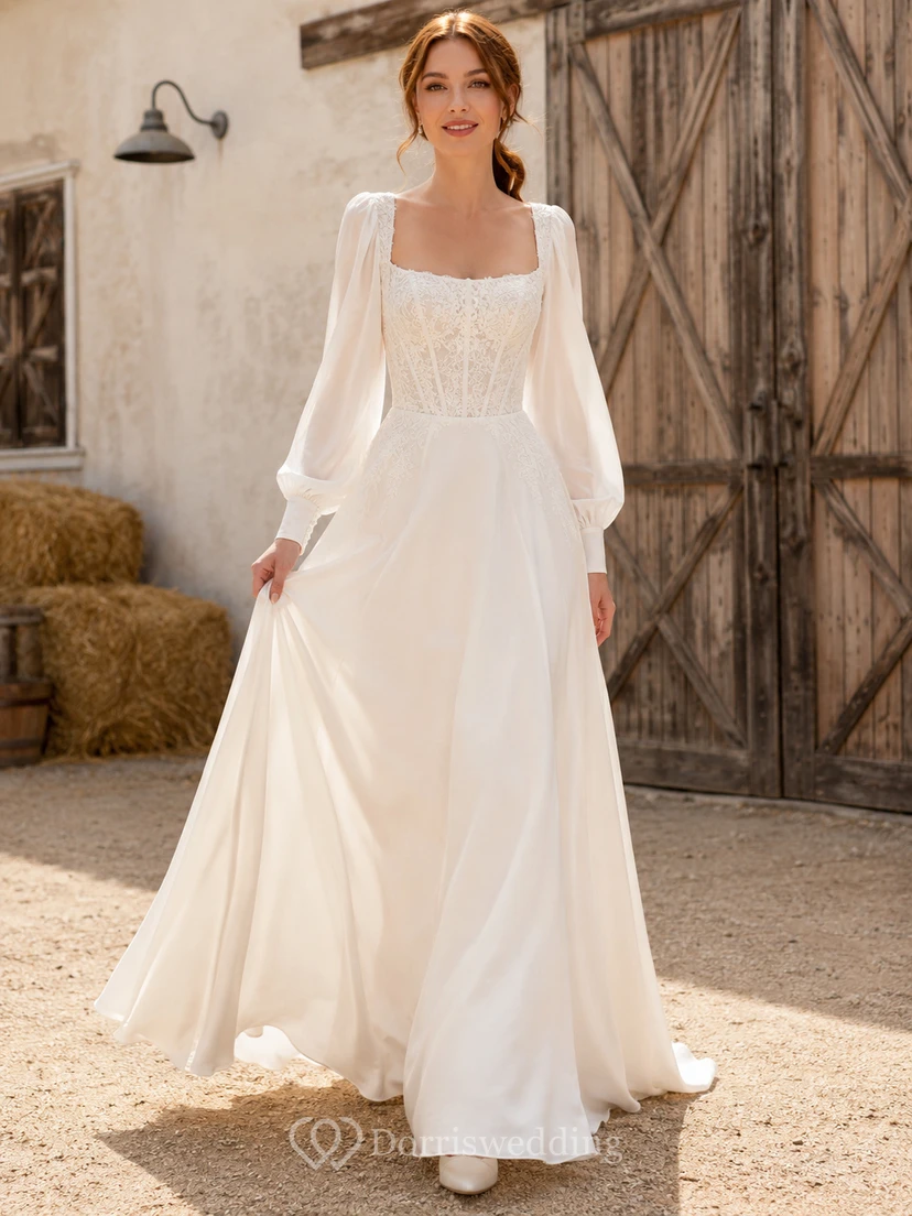 Robe de mariée champêtre rustique en mousseline, col carré, manches longues, coupe trapèze, traîne, à manches bouffantes et col rond.