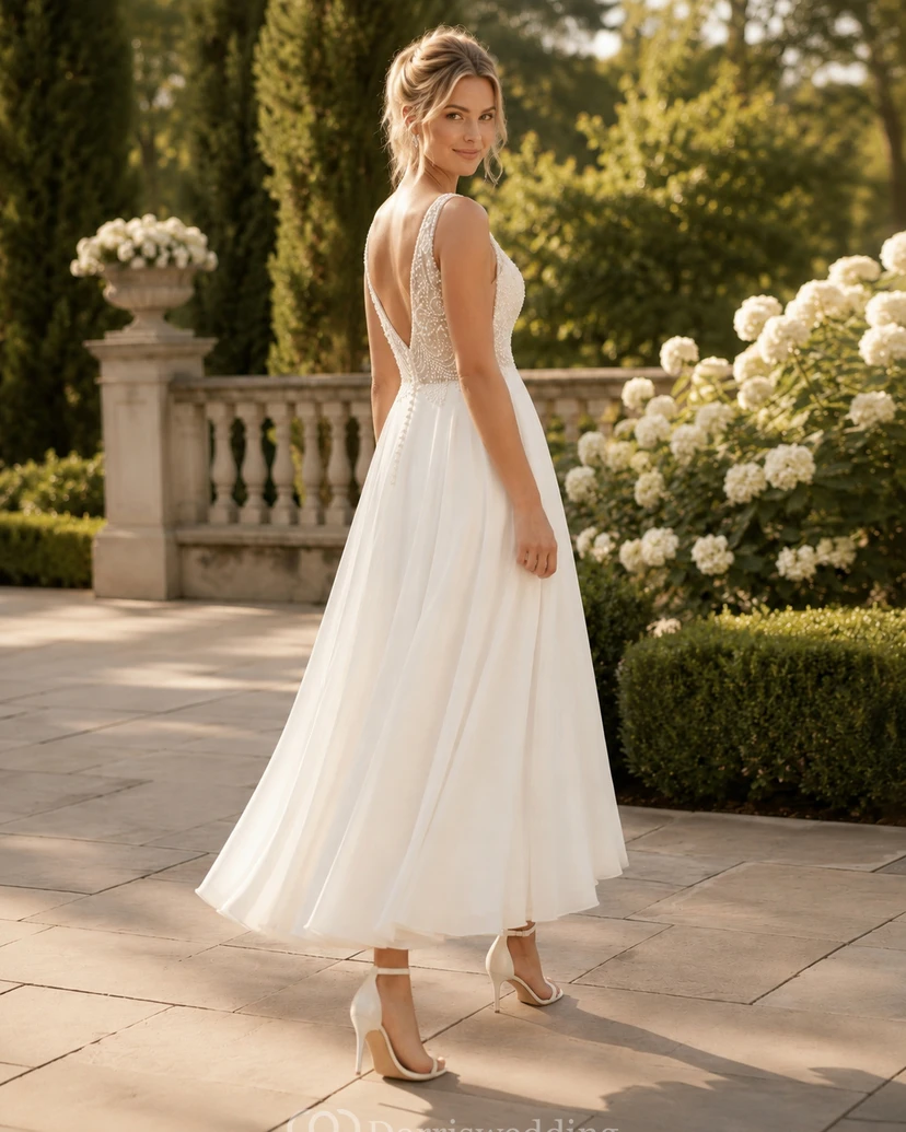 Robe de mariée mi-longue à corsage perlé, col en V, en mousseline, coupe trapèze, idéale pour la plage view 10