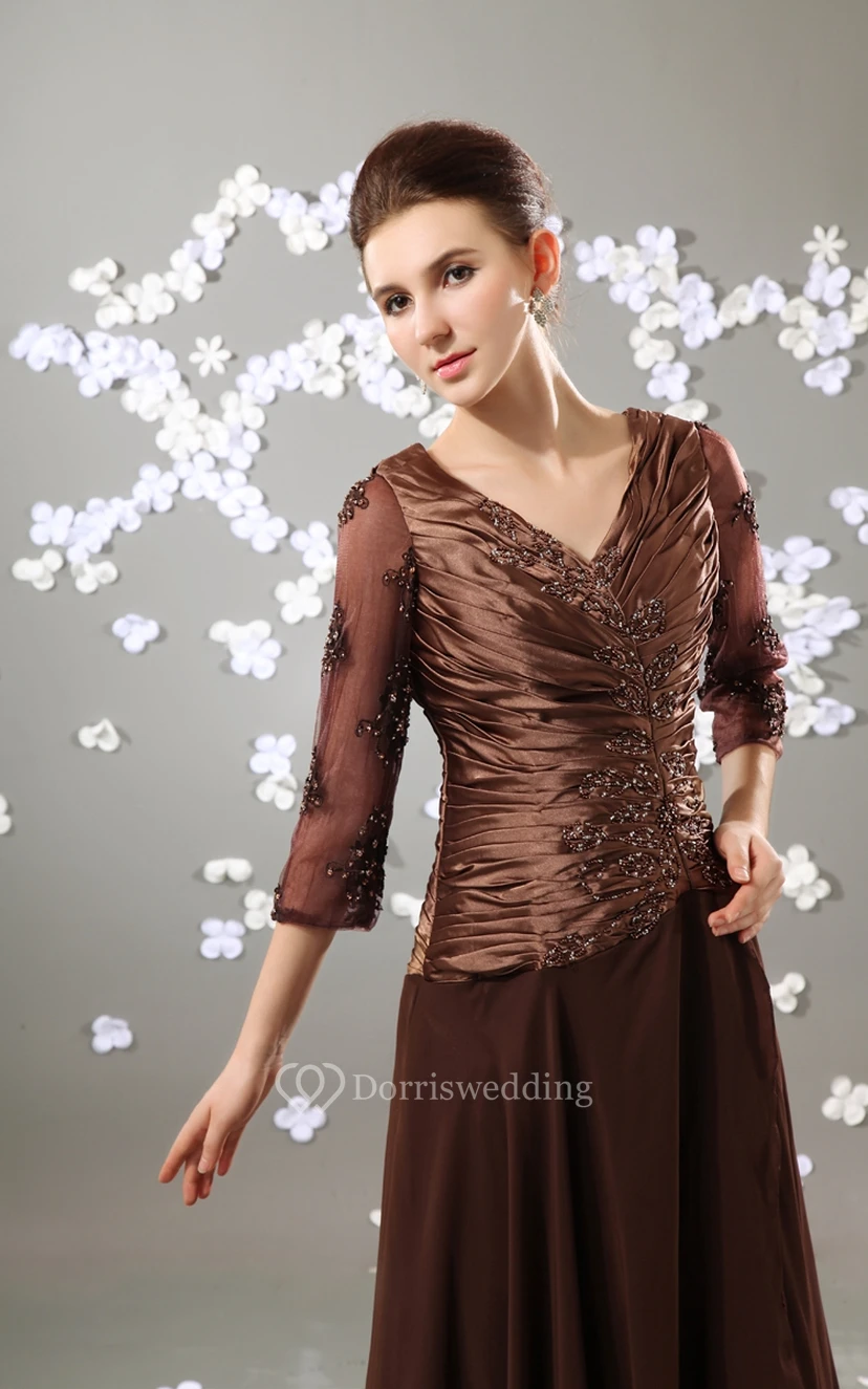 V-Neck 3-4 Sleeve Chiffon Floor-Length Dress With Ruched Top view 3