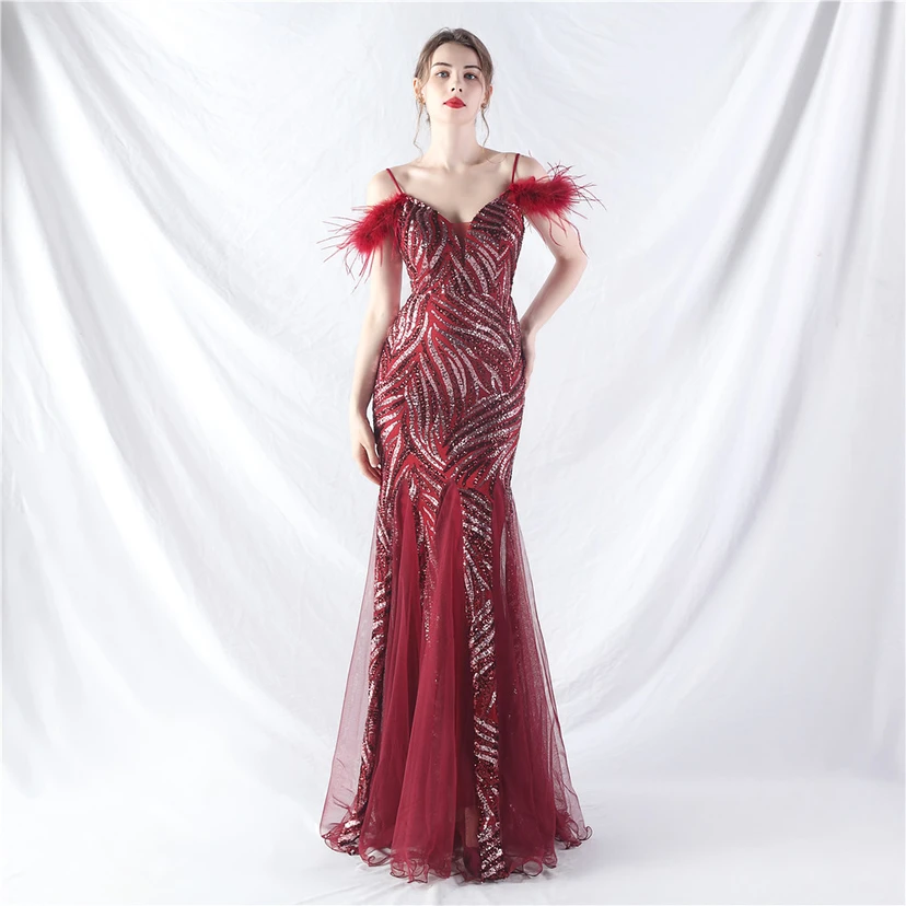 Crafted Ostrich Feather Stacked Sequins Splicing Mesh Gauze High-End Evening Dress Clothes view 2