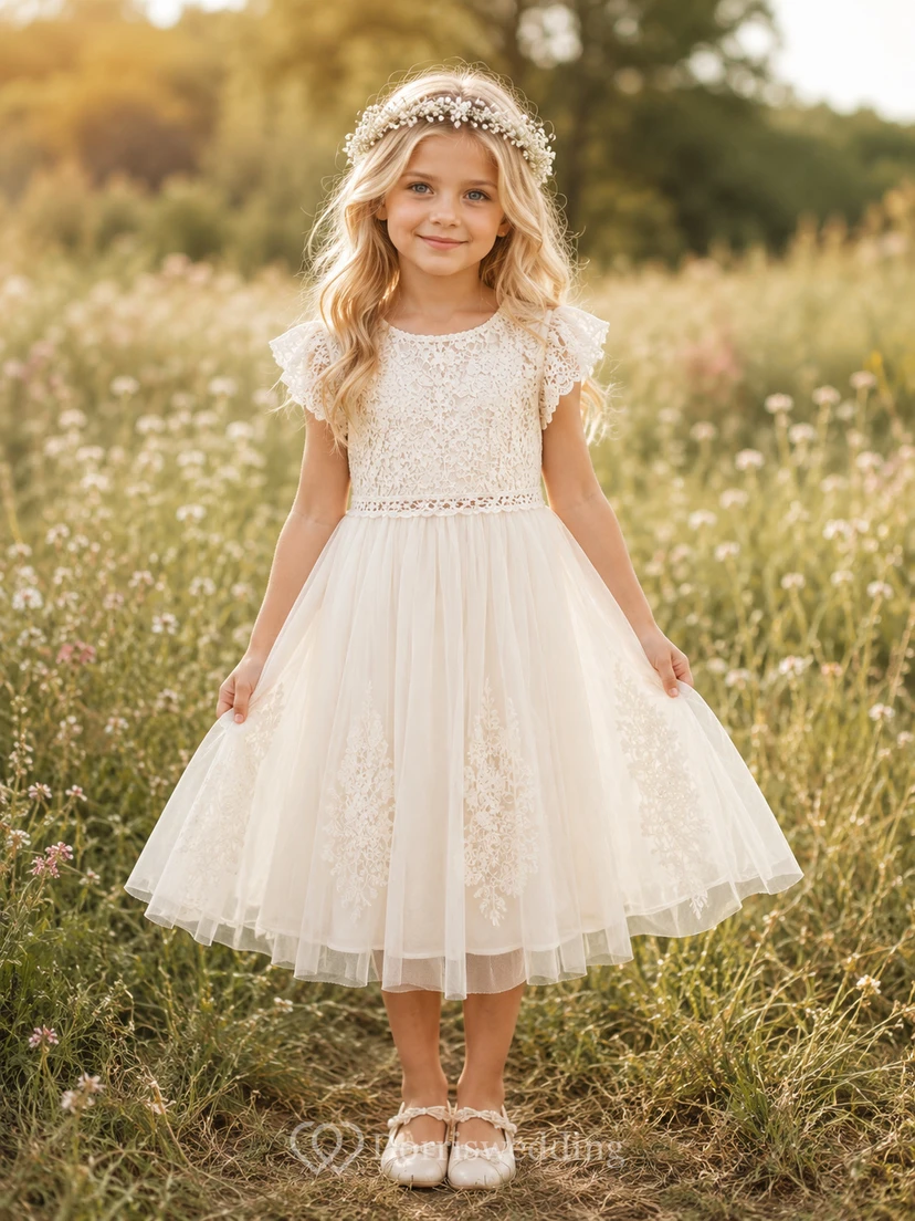 Robe de mariée bohème en tulle et dentelle crochetée, coupe trapèze, longueur thé, manches pétales, pour demoiselle d'honneur