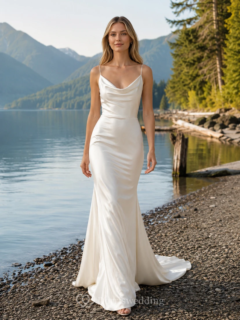 Robe de mariée sirène en charmeuse à col bénitier et fines bretelles spaghetti, style bord de lac