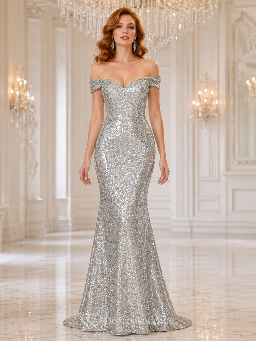 Silbernes Pailletten-Abendkleid im Meerjungfrauenstil mit schulterfreiem Ausschnitt