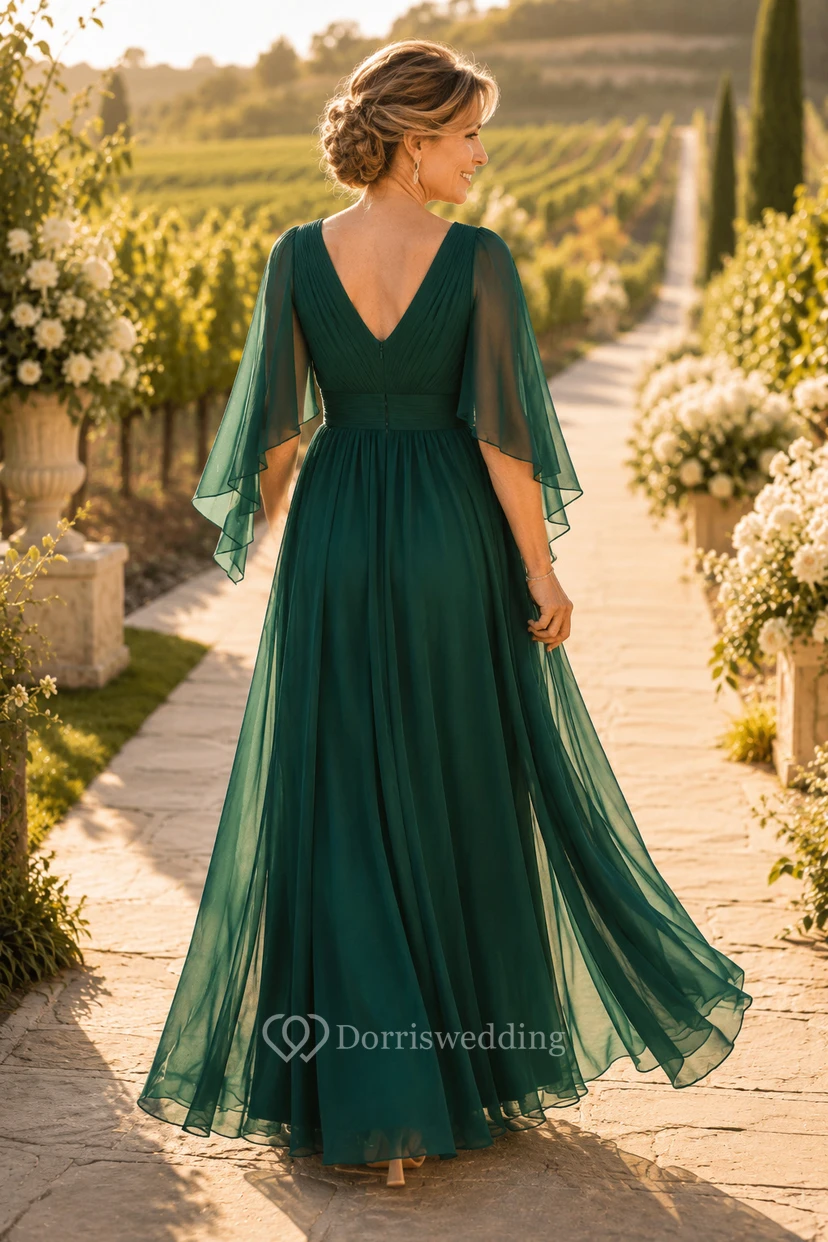 Vestido largo de gasa verde oscuro de corte A, manga corta, escote en V y falda plisada, ideal para la madre de la novia. view 2