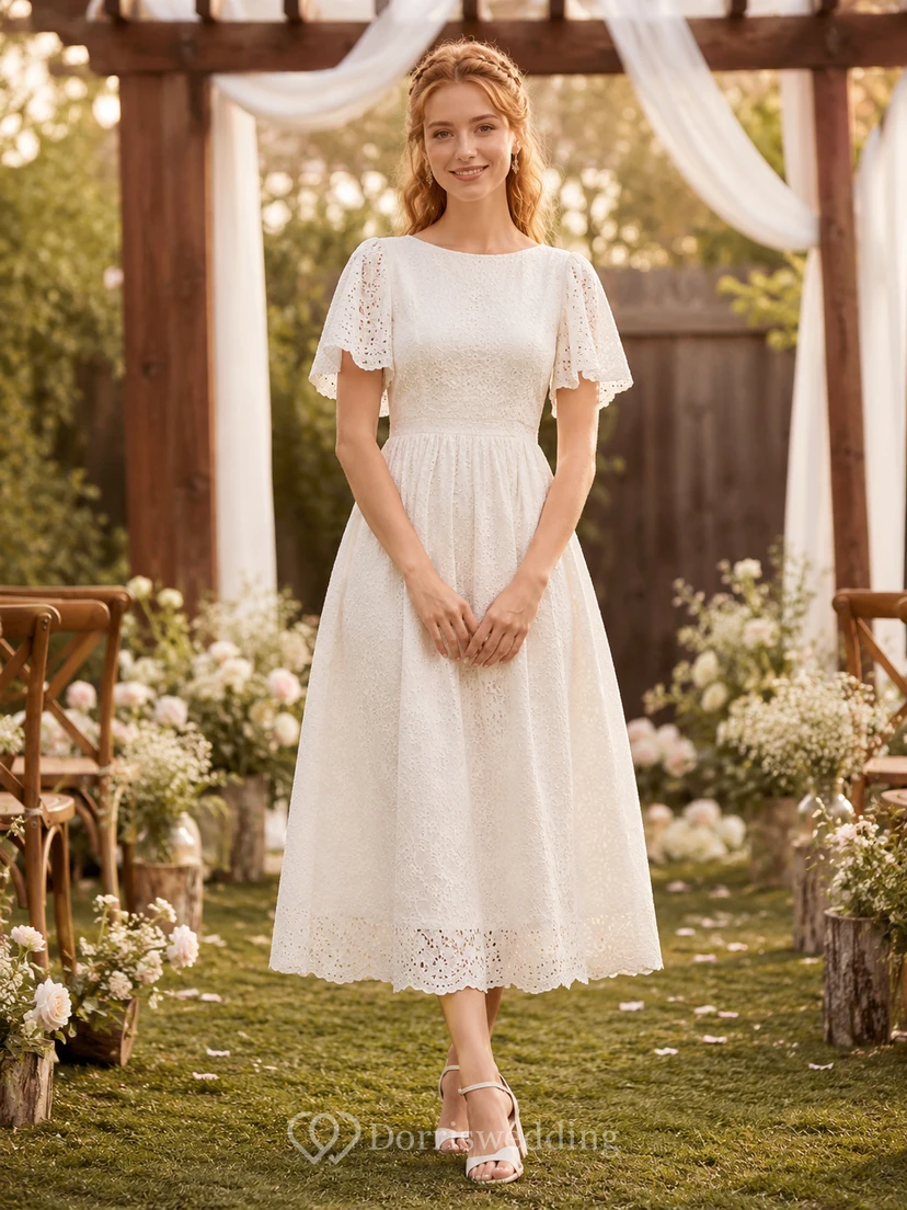 Vestido de novia modesto de manga corta con ojales y largo hasta la rodilla, estilo Backyard