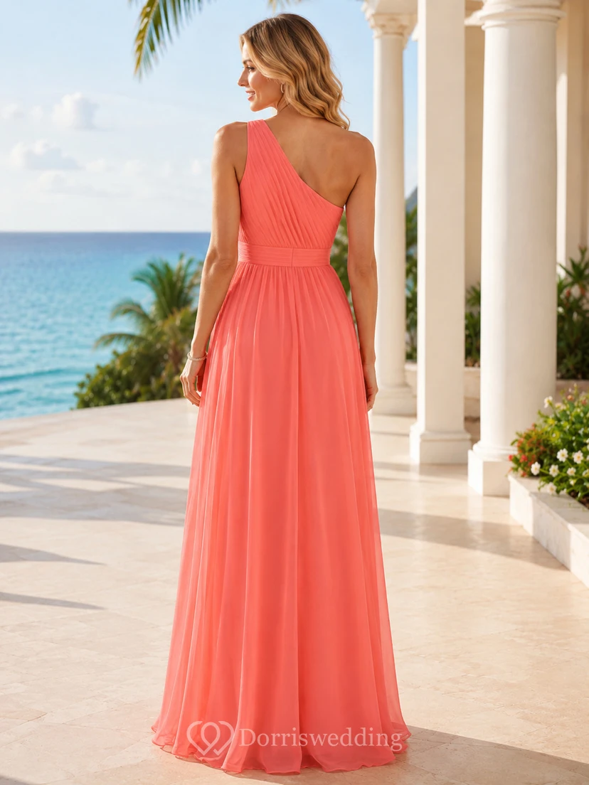 Coral Chiffon V-neck Slit Floor-length Guest Dress view 2