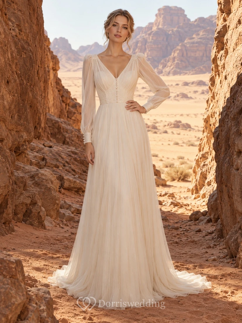Vestido de novia sencillo de corte A con escote en V, manga larga y cintura fruncida