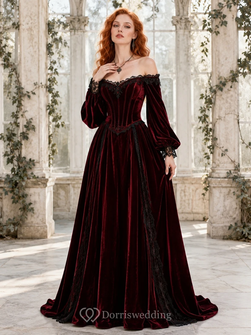 Vintage Burgundy Off-Shoulder Long Bell Sleeve Velvet A-Line Gothic Gown